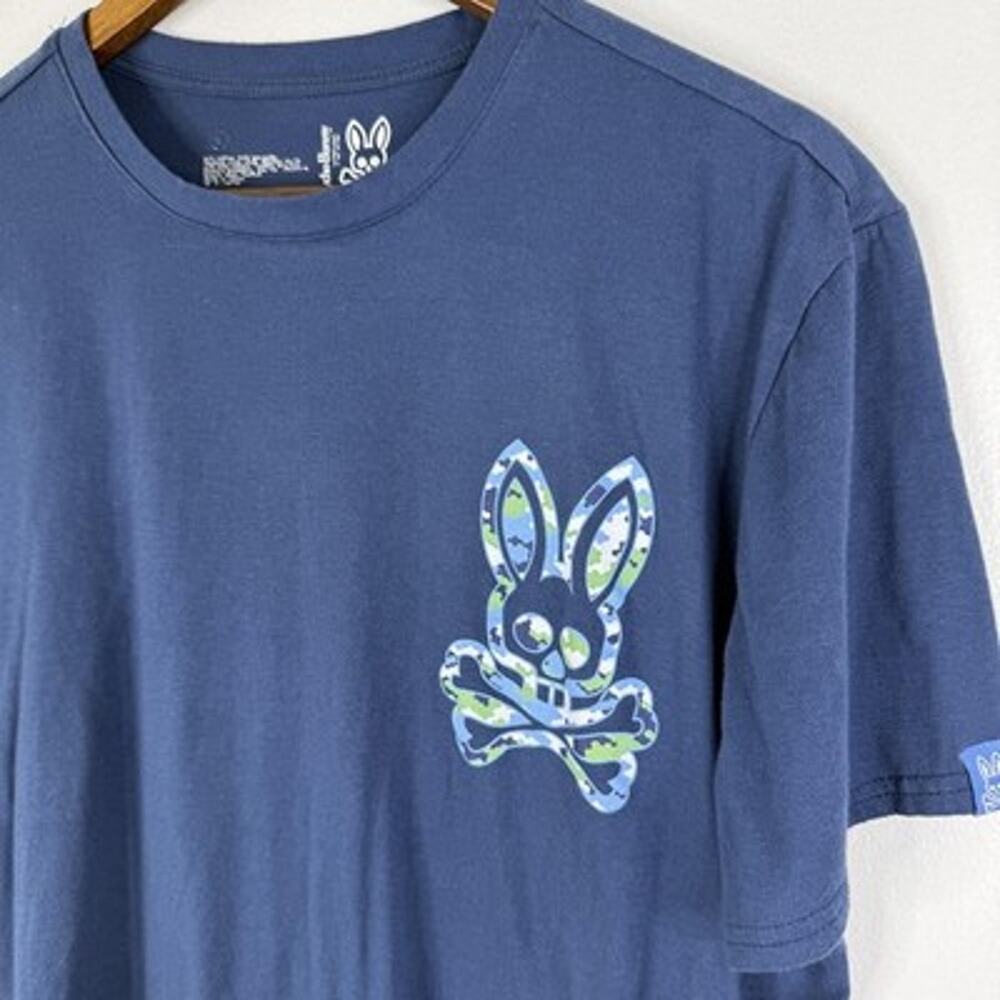 Psycho Bunny Blue Skull Shirt Mens Large Camo Bunny Logo Graphic Tee Crew Neck